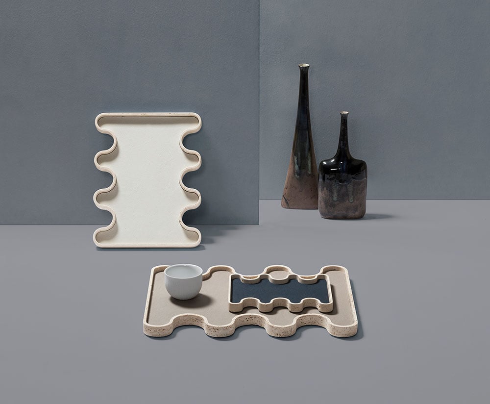 Ossicle marble and leather trays by Francesco Balzano x Giobagnara